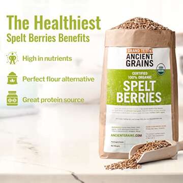 Grand Teton Ancient Grains - 100% Organic Spelt Berries, 5 lbs, Whole Unmilled Spelt Berries, US-Grown Farro Organic Grain, Nutritious Baking Staple, Whole Grain Spelt in Brown Paper Bag
