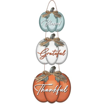 3 Pieces Pumpkin Decor Grateful Thankful Blessed Wall Signs,Rustic Hanging Welcome Door Sign for Aut...