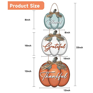3 Pieces Pumpkin Decor Grateful Thankful Blessed Wall Signs,Rustic Hanging Welcome Door Sign for Autumn Harvest Thanksgiving Halloween Door Wall Decoration Indoor Outdoor Fall Decor for Home