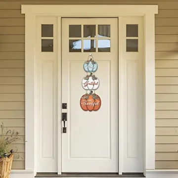 3 Pieces Pumpkin Decor Grateful Thankful Blessed Wall Signs,Rustic Hanging Welcome Door Sign for Autumn Harvest Thanksgiving Halloween Door Wall Decoration Indoor Outdoor Fall Decor for Home
