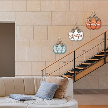 3 Pieces Pumpkin Decor Grateful Thankful Blessed Wall Signs,Rustic Hanging Welcome Door Sign for Autumn Harvest Thanksgiving Halloween Door Wall Decoration Indoor Outdoor Fall Decor for Home