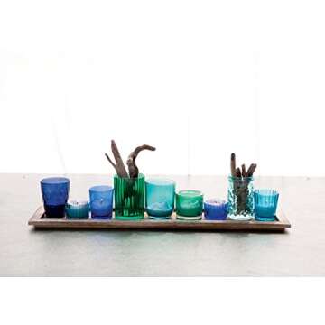 Creative Co-Op Wood Tray with 9 Blue & Green Glass Votive Holders