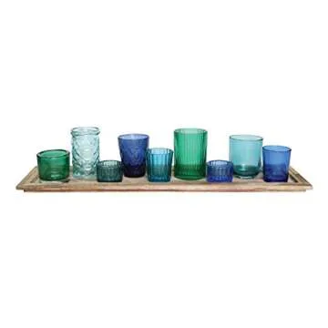 Creative Co-Op Wood Tray with 9 Blue & Green Glass Votive Holders