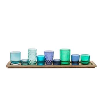 Creative Co-Op Wood Tray with 9 Blue & Green Glass Votive Holders