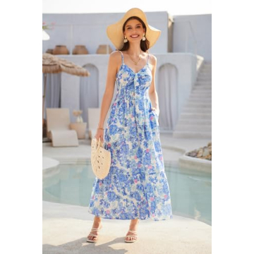 GRACE KARIN Women's 2025 Summer Maxi Dress Spaghetti Strap Ruffle Smocked Casual Long Flowy Boho Dresses Blue Floral
