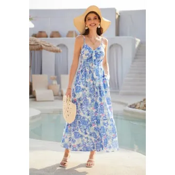 GRACE KARIN Women's 2025 Summer Maxi Dress Spaghetti Strap Ruffle Smocked Casual Long Flowy Boho Dresses Blue Floral