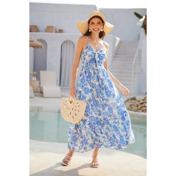 GRACE KARIN Women's 2025 Summer Maxi Dress Spaghetti Strap Ruffle Smocked Casual Long Flowy Boho Dresses Blue Floral