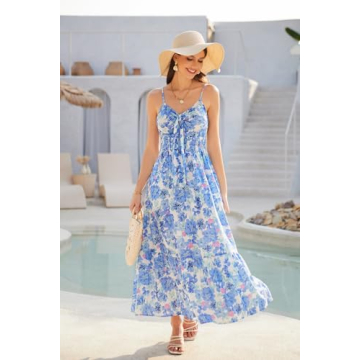 GRACE KARIN Women's 2025 Summer Maxi Dress Spaghetti Strap Ruffle Smocked Casual Long Flowy Boho Dresses Blue Floral