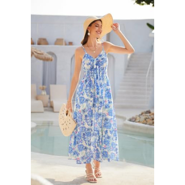 GRACE KARIN Women's 2025 Summer Maxi Dress Spaghetti Strap Ruffle Smocked Casual Long Flowy Boho Dresses Blue Floral