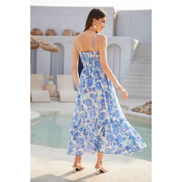 GRACE KARIN Women's 2025 Summer Maxi Dress Spaghetti Strap Ruffle Smocked Casual Long Flowy Boho Dresses Blue Floral