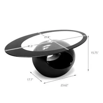 COSVALVE Oval Glass Coffee Table with High Gloss Hollow Base & Tempered Glass Top, Side Table for Living Room, Sitting Room, Black Unique Coffee Table