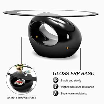 COSVALVE Oval Glass Coffee Table with High Gloss Hollow Base & Tempered Glass Top, Side Table for Living Room, Sitting Room, Black Unique Coffee Table