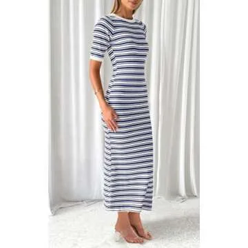 Ferlema Womens Summer Striped Bodycon Maxi Dresses Short Sleeve Crew Neck Ribbed Knit Beach Vacation Elegant Long Dress Navy Blue X-Large