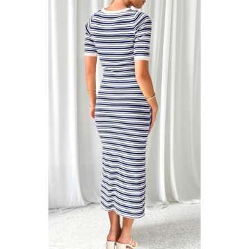Ferlema Womens Summer Striped Bodycon Maxi Dresses Short Sleeve Crew Neck Ribbed Knit Beach Vacation Elegant Long Dress Navy Blue X-Large
