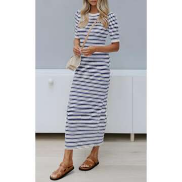 Ferlema Womens Summer Striped Bodycon Maxi Dresses Short Sleeve Crew Neck Ribbed Knit Beach Vacation Elegant Long Dress Navy Blue X-Large