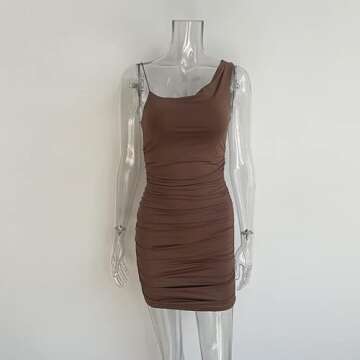 XLLAIS Irregular Shoulder Straps Ruched Bodycon Sexy Mini Tank Dress Clubwear Brown Medium