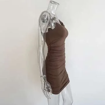 XLLAIS Irregular Shoulder Straps Ruched Bodycon Sexy Mini Tank Dress Clubwear Brown Medium