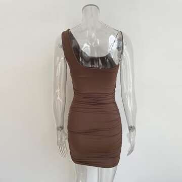 XLLAIS Irregular Shoulder Straps Ruched Bodycon Sexy Mini Tank Dress Clubwear Brown Medium