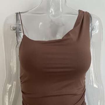 XLLAIS Irregular Shoulder Straps Ruched Bodycon Sexy Mini Tank Dress Clubwear Brown Medium