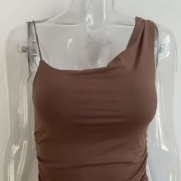 XLLAIS Irregular Shoulder Straps Ruched Bodycon Sexy Mini Tank Dress Clubwear Brown Medium