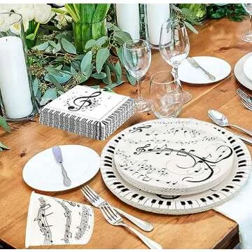 175Pcs Music Party Supplies Musical Notes Party Tableware Set 9"& 7"Musical Notes Paper Plates Napkins Cups Knives Forks Spoons for Music Notes Theme Music Birthday Party Decor |Serve25 (Music)