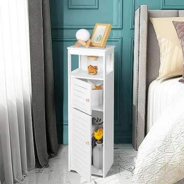 VOGGV Bathroom Storage Cabinet, Bathroom Floor Cabinet Freestanding 1 Doors and Shelves for Home Kitchen, Living Room and Hallway, 29.5 * 8.66 * 7.87in, White