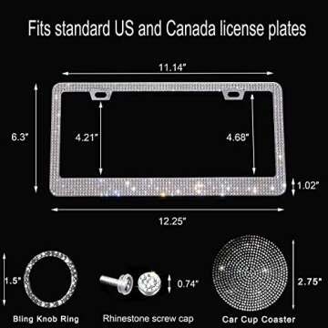 Newzon Sparkly Rhinestone Bedazzled License Plate Frame for Women - Crystal Car Cup Holder Coaster, Girly Glitter Tag Frames