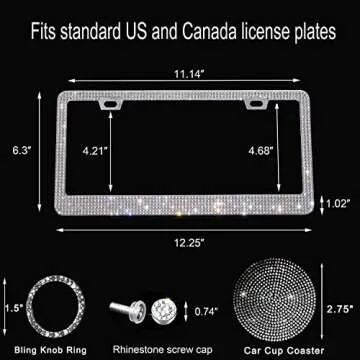 Newzon Sparkly Rhinestone Bedazzled License Plate Frame for Women - Crystal Car Cup Holder Coaster, Girly Glitter Tag Frames