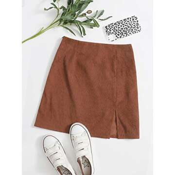 WDIRARA Women's Corduroy Mid Waist Split Hem Zip Side Casual Mini Skirt Brown L