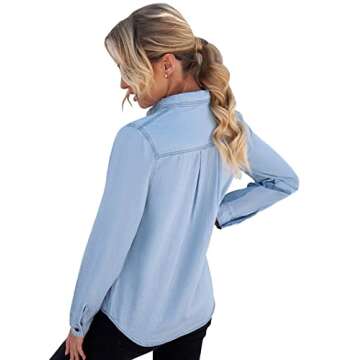 Vetinee Women's Light Blue Button Down Denim Shirt Collared Classical Casual Vintage Retro Long Slee...