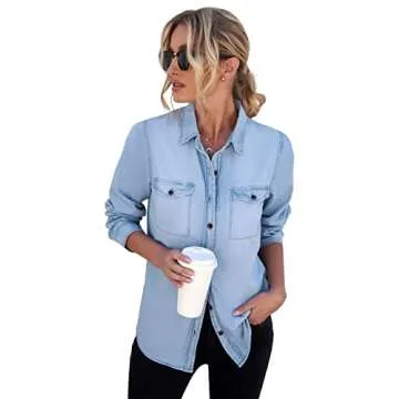 Vetinee Women's Light Blue Button Down Denim Shirt Collared Classical Casual Vintage Retro Long Sleeve Pockets Tunic Fall Tops Blouse Size Small