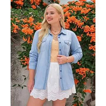 Vetinee Women's Light Blue Button Down Denim Shirt Collared Classical Casual Vintage Retro Long Sleeve Pockets Tunic Fall Tops Blouse Size Small