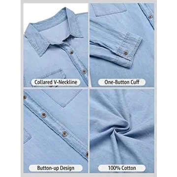 Vetinee Women's Light Blue Button Down Denim Shirt Collared Classical Casual Vintage Retro Long Sleeve Pockets Tunic Fall Tops Blouse Size Small