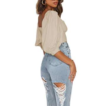 SOFIA'S CHOICE Women's Puff Short Sleeve Crop Top Sexy Sweetheart Neckline Slim Fit Blouse Shirt Bei...