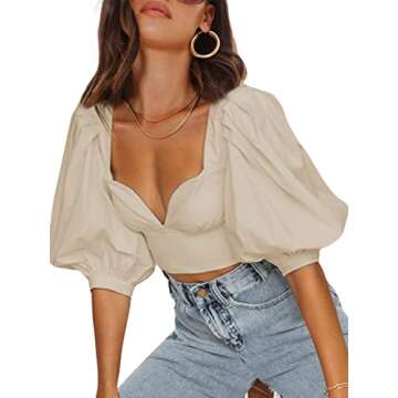SOFIA'S CHOICE Women's Puff Short Sleeve Crop Top Sexy Sweetheart Neckline Slim Fit Blouse Shirt Beige Small