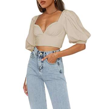SOFIA'S CHOICE Women's Puff Short Sleeve Crop Top Sexy Sweetheart Neckline Slim Fit Blouse Shirt Beige Small