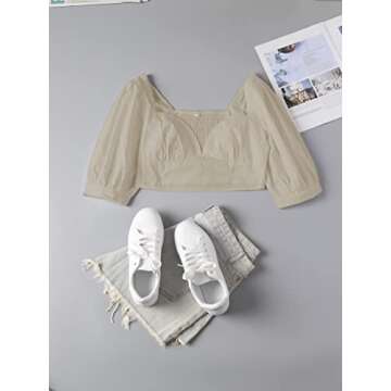 SOFIA'S CHOICE Women's Puff Short Sleeve Crop Top Sexy Sweetheart Neckline Slim Fit Blouse Shirt Beige Small