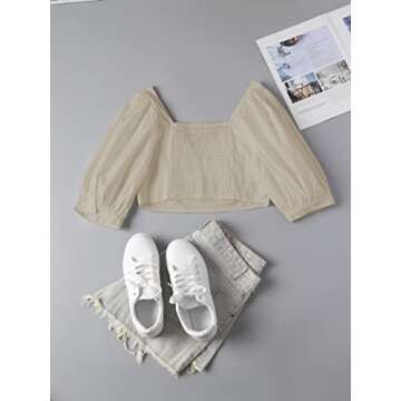 SOFIA'S CHOICE Women's Puff Short Sleeve Crop Top Sexy Sweetheart Neckline Slim Fit Blouse Shirt Beige Small