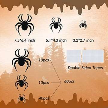 60 PCS DIY Halloween Party Supplies - 3D Plastic Spider Decoration Stickers, Indoor/Outdoor Scary Spider Decor for Home Wall & Window