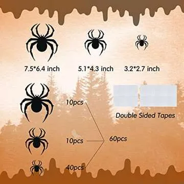 60 PCS DIY Halloween Party Supplies - 3D Plastic Spider Decoration Stickers, Indoor/Outdoor Scary Spider Decor for Home Wall & Window