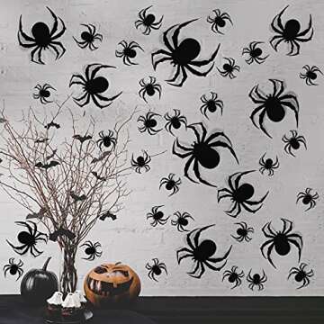 60 PCS DIY Halloween Party Supplies - 3D Plastic Spider Decoration Stickers, Indoor/Outdoor Scary Spider Decor for Home Wall & Window