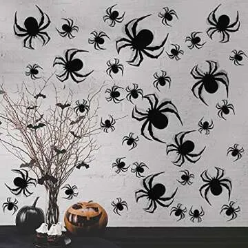 60 PCS DIY Halloween Party Supplies - 3D Plastic Spider Decoration Stickers, Indoor/Outdoor Scary Spider Decor for Home Wall & Window