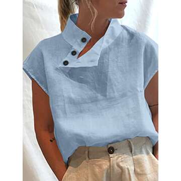 Celmia High Neck Tee for Women Buttoned Collar Summer Cotton Short Sleeve Blouse Light Blue