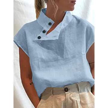 Celmia High Neck Tee for Women Buttoned Collar Summer Cotton Short Sleeve Blouse Light Blue
