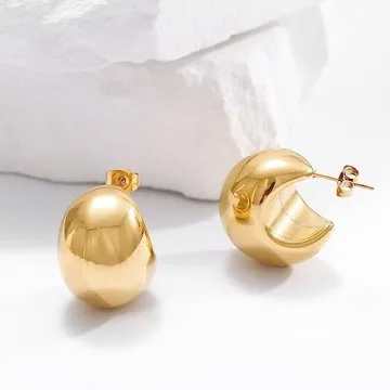 Gold Puff Hoop Earrings Women 18K Gold Plated Chunky Design