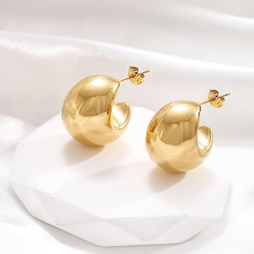 Gold Puff Hoop Earrings Women 18K Gold Plated Chunky Design