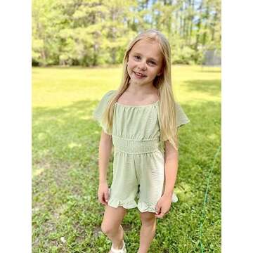 Arshiner Girls Off Shoulder Romper Ruffle Short Sleeve Tie Back Elastic High Waist Smocked Boho Elegant Mini Jumpsuits Playsuits