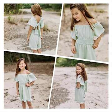 Arshiner Girls Off Shoulder Romper Ruffle Short Sleeve Tie Back Elastic High Waist Smocked Boho Elegant Mini Jumpsuits Playsuits