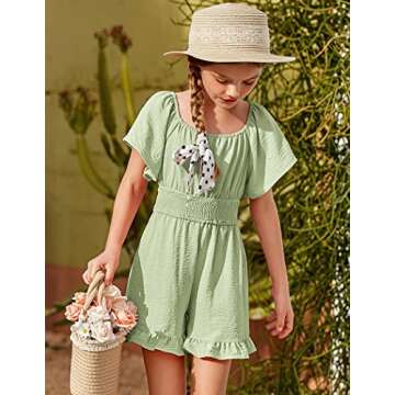 Arshiner Girls Off Shoulder Romper Ruffle Short Sleeve Tie Back Elastic High Waist Smocked Boho Elegant Mini Jumpsuits Playsuits
