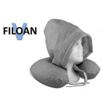 Filoan V Neck & Travel Pillow with Hoodie - (U Shaped Travel Pillow with Hood Sleeping Support polystyrene Foam microbeads Stress Pillow - Airplane Bus Car)